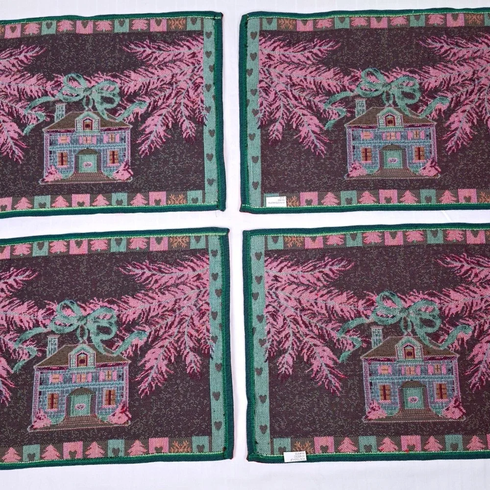 Vintage Christmas Tapestry Placemats Set Holiday Cottage Winter Decor 17.5x13
